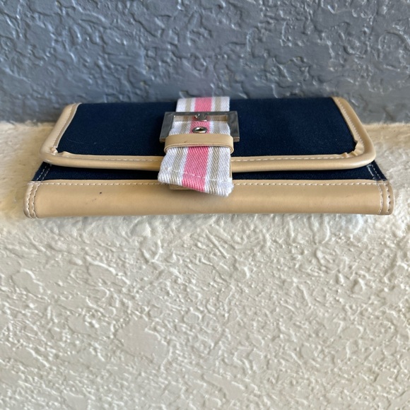 Adorable Navy Vachetta Trim Buckle Wallet Clutch With Pink White Striped Design - Picture 5 of 11
